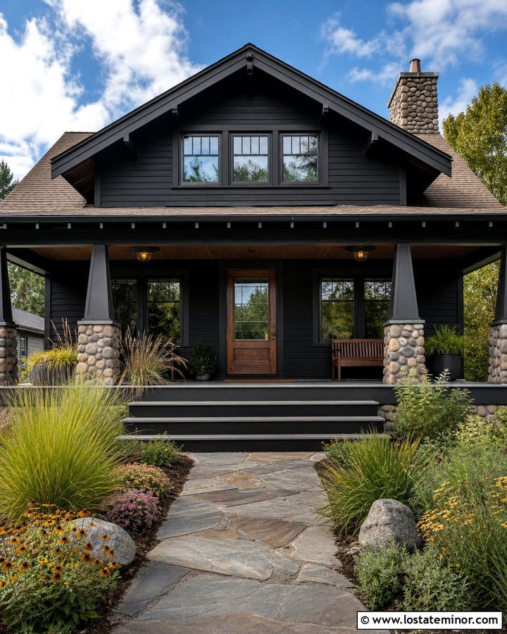 Black Bungalow With Wood Look Storm Door - 30 Black House Design With Storm Door Ideas