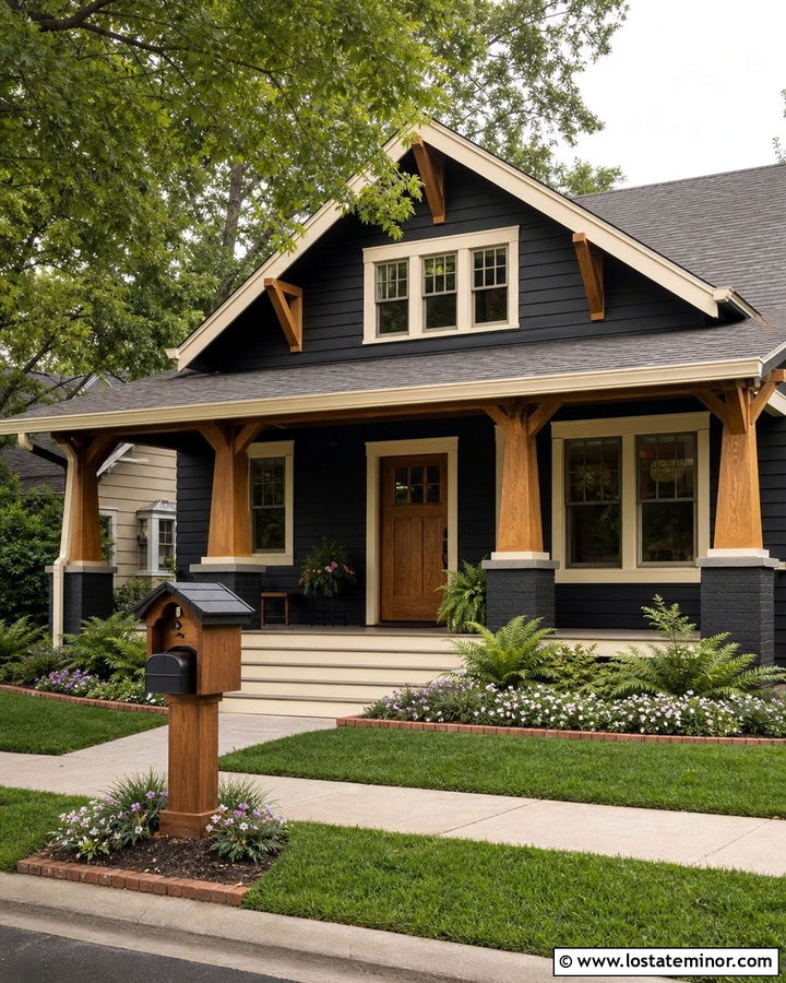Black Bungalow With Wood Mailbox Post - 30 Black House Design With Mailbox Ideas