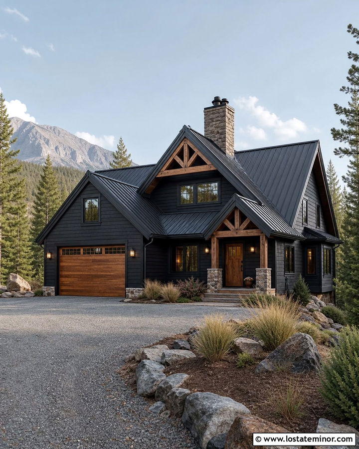 Black Cabin House With Cedar Garage Door - 30 Black House Design With Garage Door Ideas