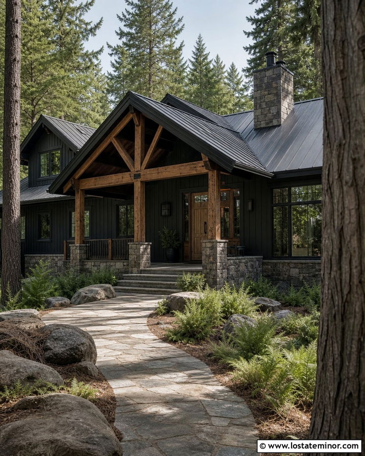 Black Cabin House With Exposed Wood Porch Ceiling - 30 Black House Design With Porch Ceiling Ideas