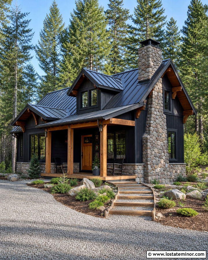 Black Cabin House With Fieldstone Base - 30 Black House Design With Stone Accents Ideas