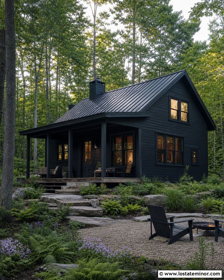 Black Cabin House With Native Woodland Plants - 30 Black House Design With Landscaping Ideas