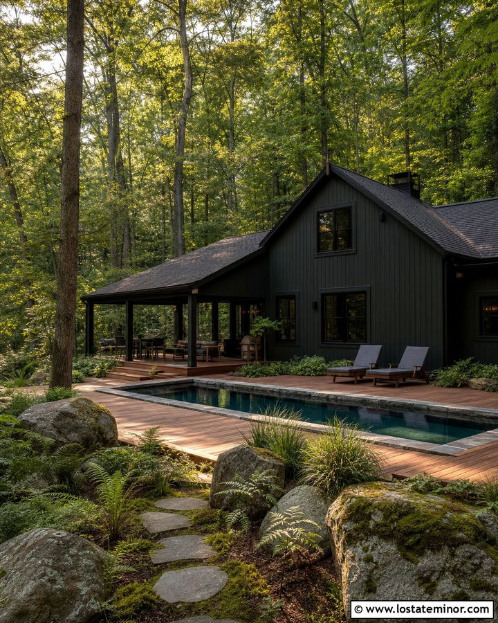 Black Cabin House With Pool - 30 Black House Design With Swimming Pool Ideas
