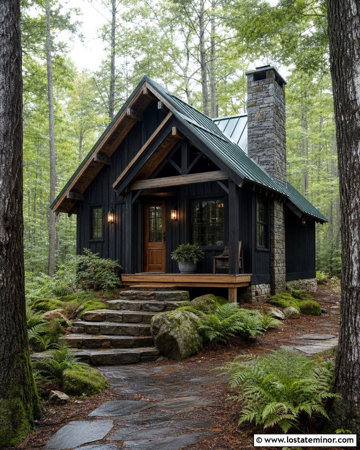 Black Cabin House With Rustic Cage Lights - 30 Black House Design With Light Fixtures Ideas