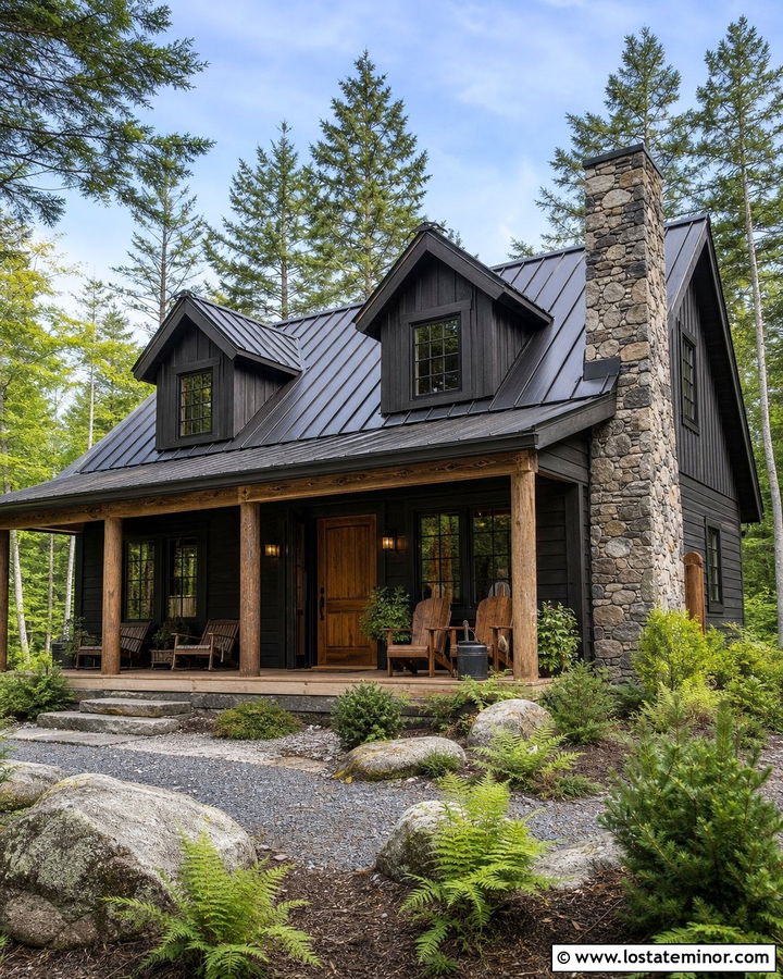 Black Cabin House With Rustic Dormers - 30 Black House Design With Dormers Ideas