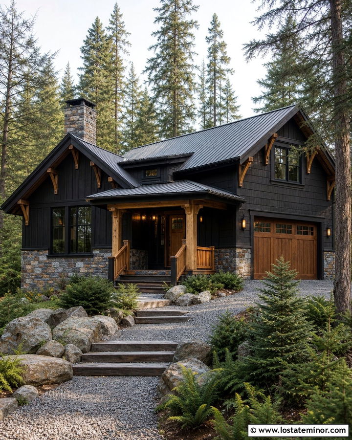 Black Cabin House With Rustic Stone Wainscoting - 30 Black House Design With Wainscoting Ideas