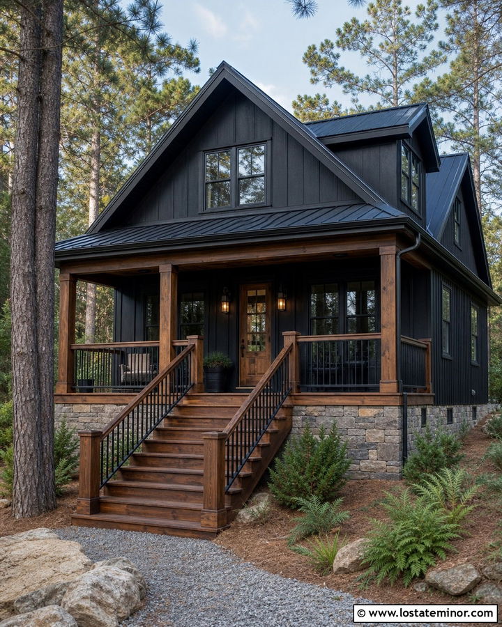 Black Cabin House With Timber Steps - 30 Black House Design With Steps Ideas
