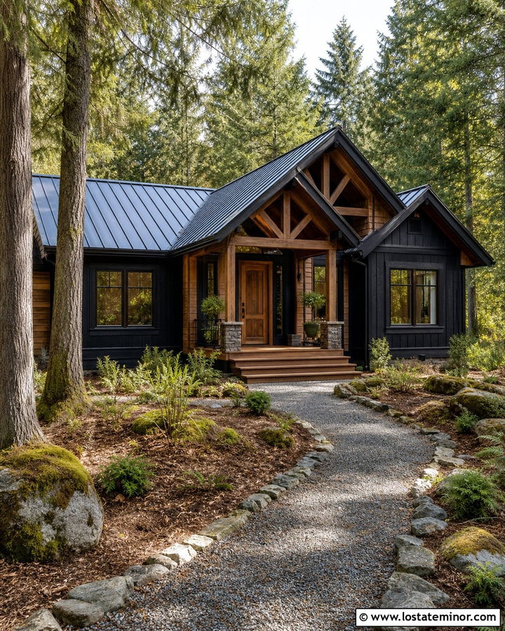 Black Cabin House With Woodland Front Yard - 30 Black House Design With Front Yard Ideas