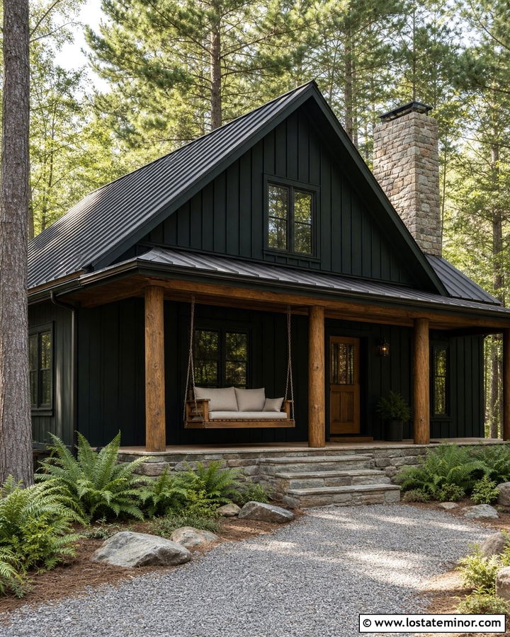 Black Cabin With Log Porch Swing - 30 Black House Design With Swing Ideas