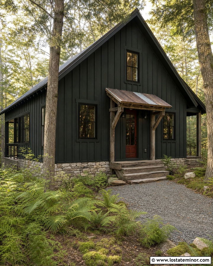Black Cabin With Reclaimed Wood Awning - 30 Black House Design With Awning Ideas