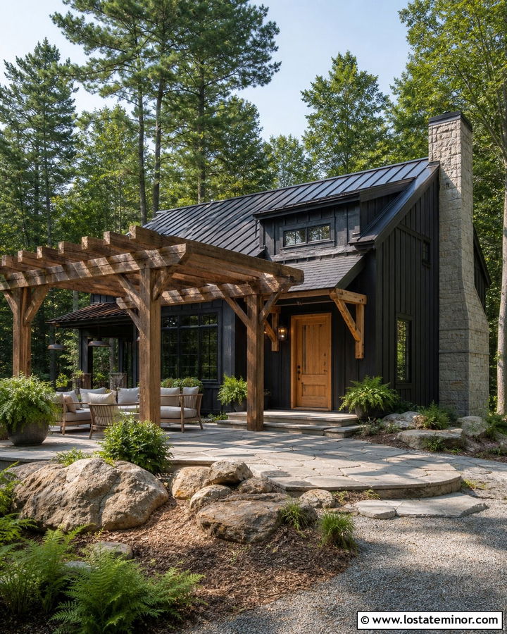 Black Cabin With Rustic Cedar Pergola - 30 Black House Design With Pergola Ideas