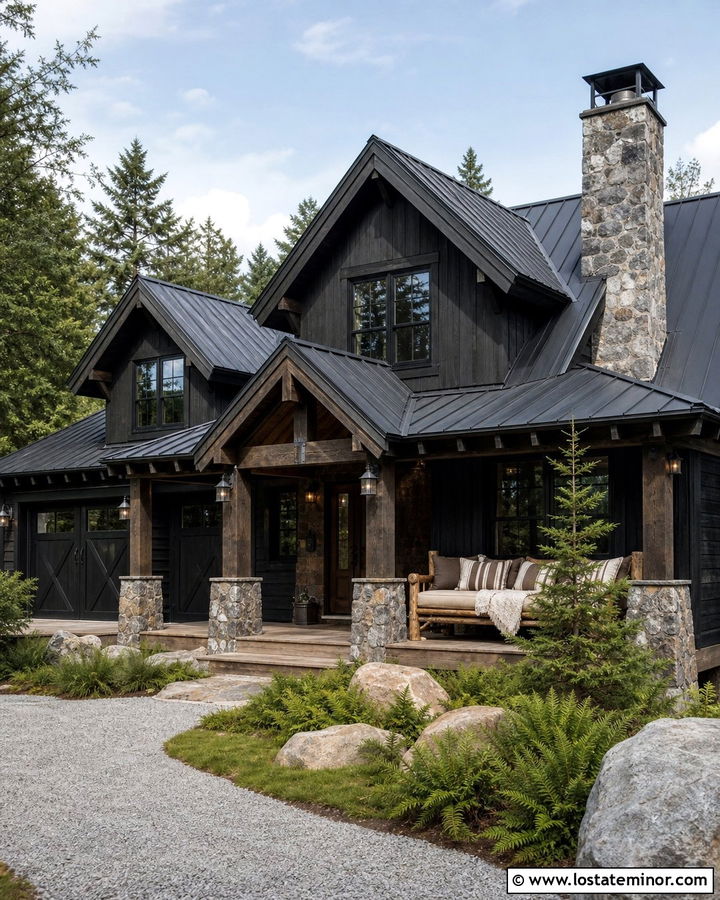 Black Cabin With Rustic Log Daybed - 30 Black House Design With Daybed Ideas