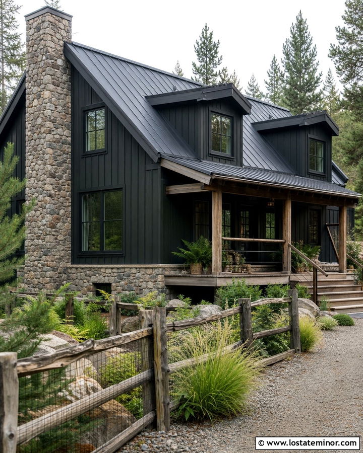 Black Cabin With Split Rail Fence - 30 Black House Design With Fence Ideas