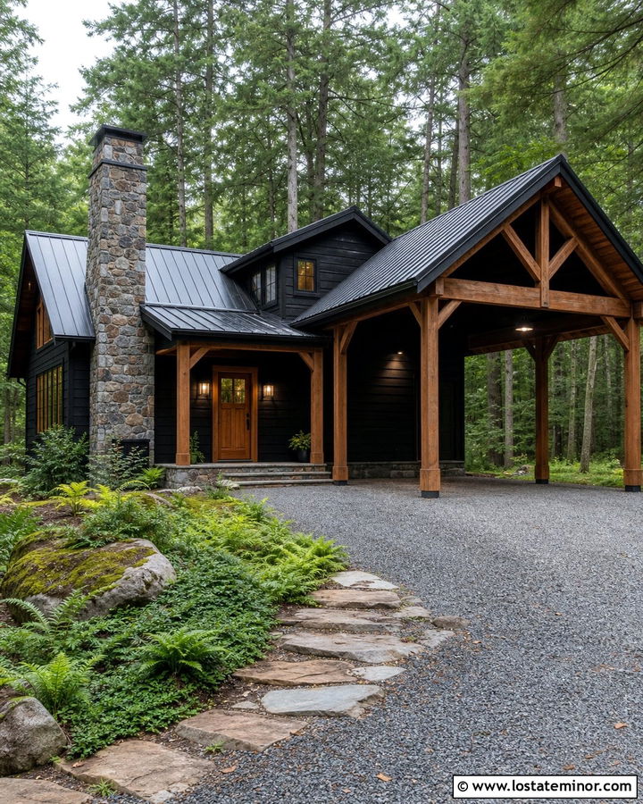 Black Cabin With Timber Carport - 30 Black House Design With Carport Ideas