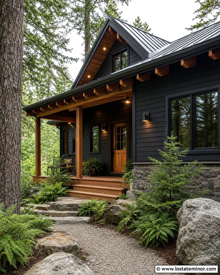 Black Cabin With Warm Wood Lighting - 30 Black House Design With Lighting Ideas