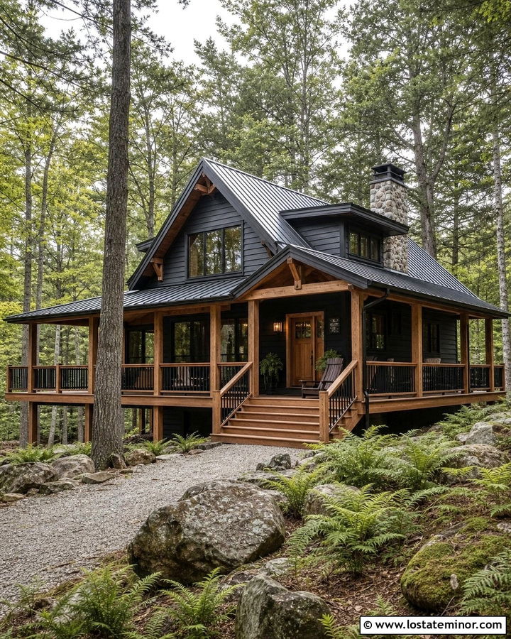 Black Cabin With Wraparound Deck - 30 Black House Design With Deck Ideas