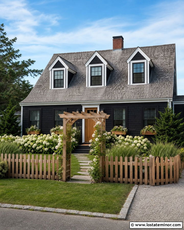 Black Cape Cod House With Cedar Picket Fence - 30 Black House Design With Fence Ideas