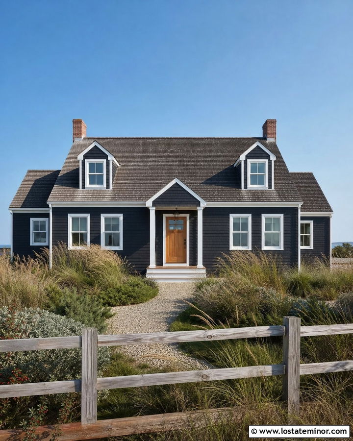 Black Cape Cod House With Coastal Grasses - 30 Black House Design With Landscaping Ideas