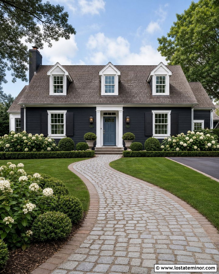 Black Cape Cod House With Cobblestone Walkway - 30 Black House Design With Walkway Ideas