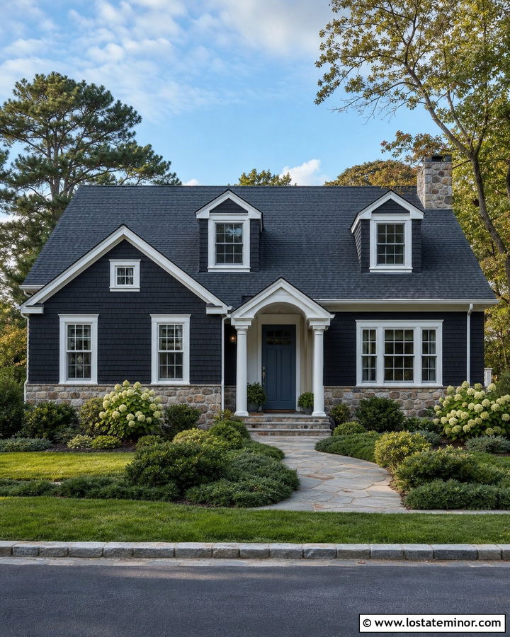 Black Cape Cod House With Fieldstone Wainscoting - 30 Black House Design With Wainscoting Ideas