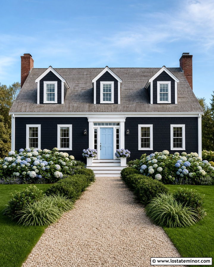 Black Cape Cod House With Hydrangea Yard - 30 Black House Design With Front Yard Ideas