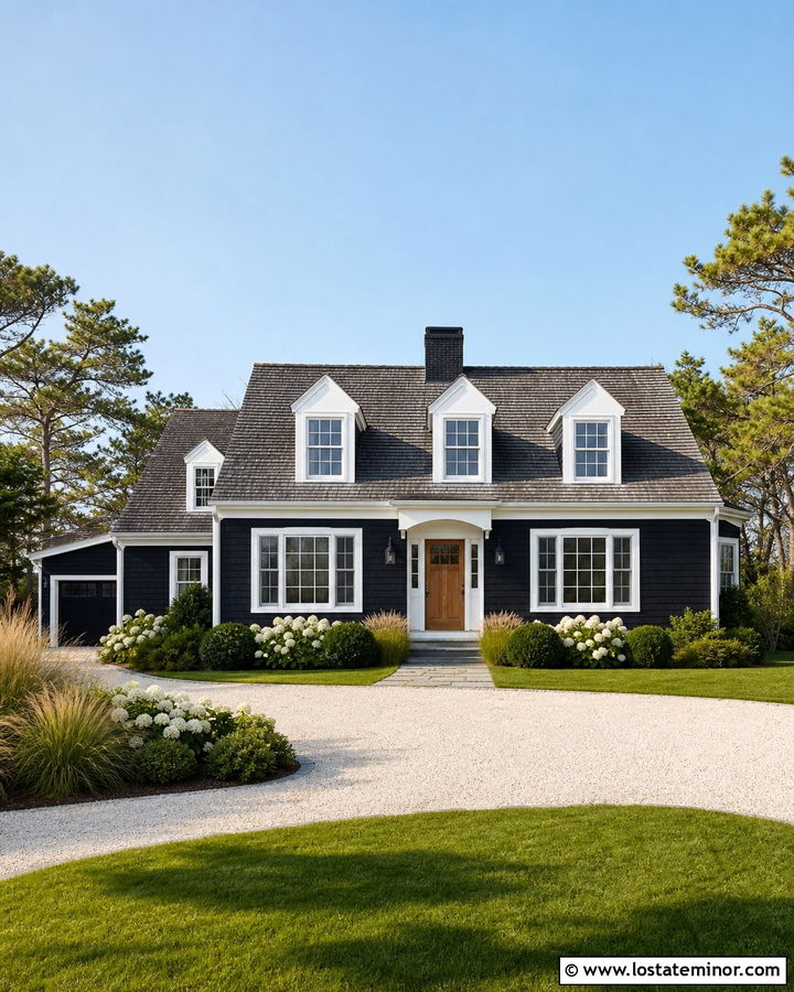 Black Cape Cod House With Shell Gravel Driveway - 30 Black House Design With Driveway Ideas