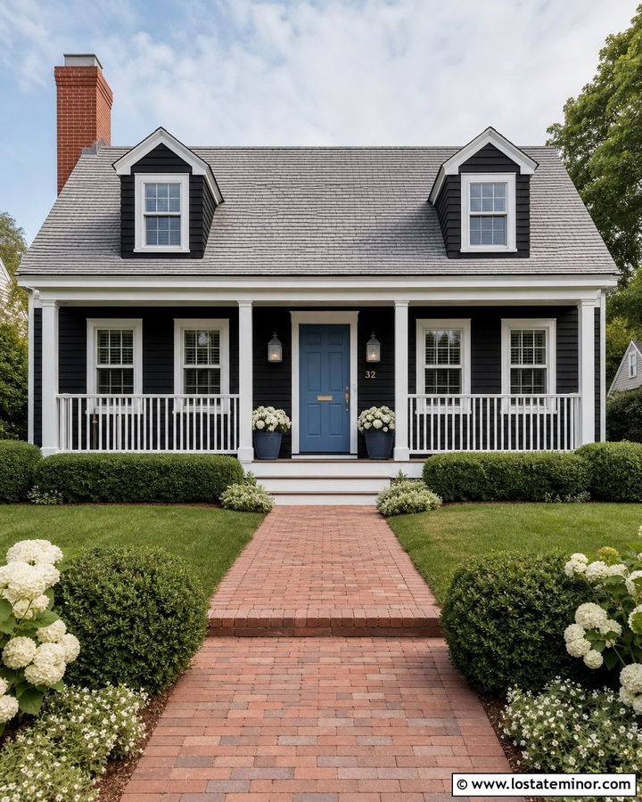 Black Cape Cod House With White Railings - 30 Black House Design With Railings Ideas