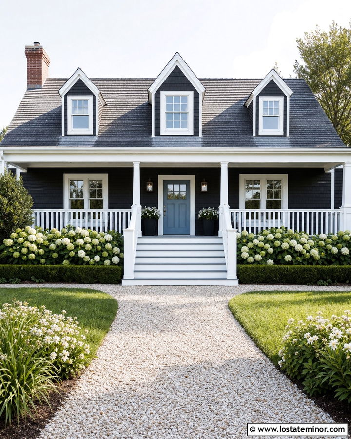 Black Cape Cod House With White Steps - 30 Black House Design With Steps Ideas