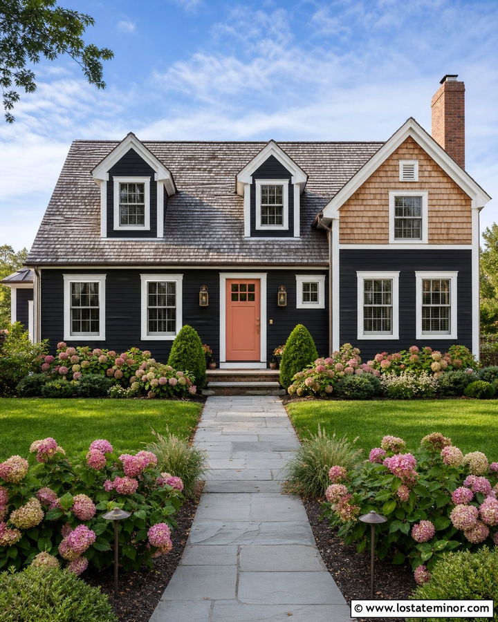 Black Cape Cod With Coral Front Door - 30 Black House Design With Entry Door Ideas