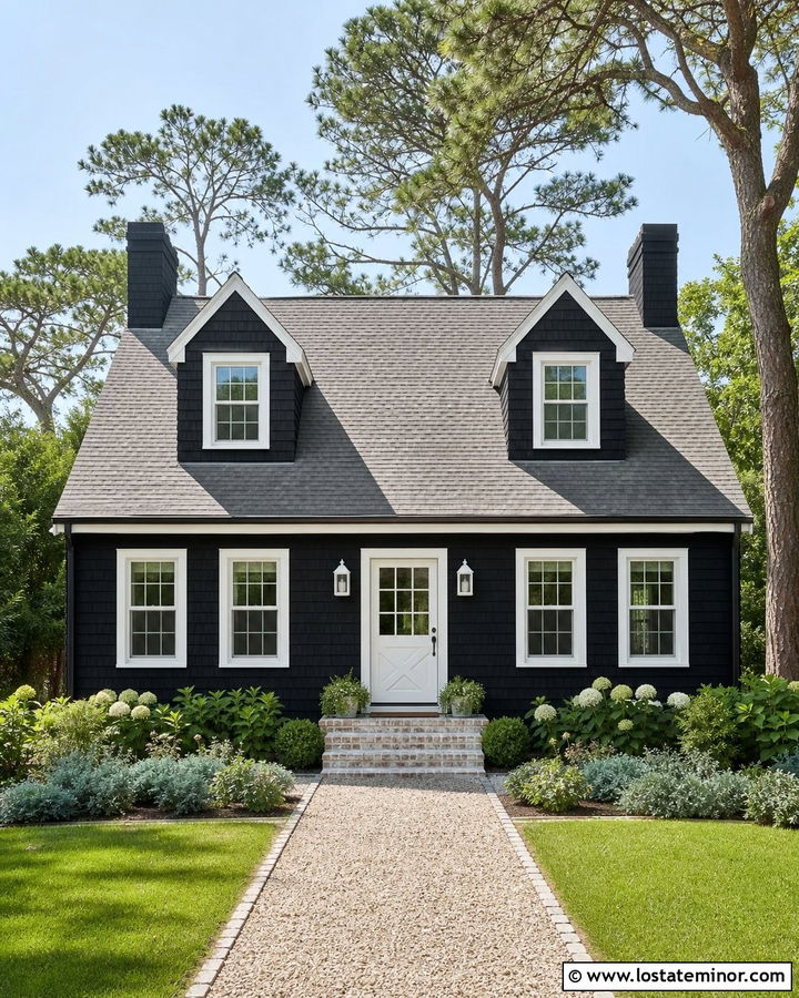 Black Cape Cod With White Lanterns - 30 Black House Design With Lighting Ideas