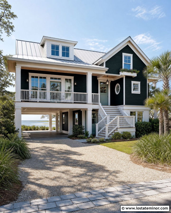 Black Coastal House With Breezy Carport - 30 Black House Design With Carport Ideas