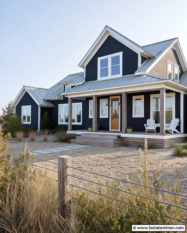 Black Coastal House With Cable Fence - 30 Black House Design With Fence Ideas