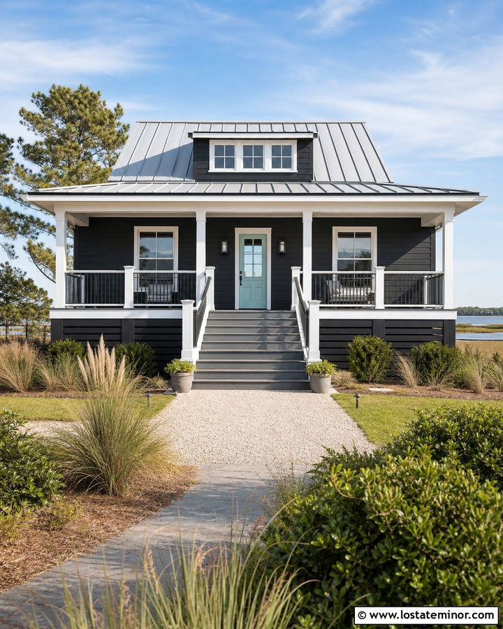 Black Coastal House With Composite Steps - 30 Black House Design With Steps Ideas