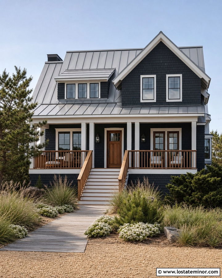 Black Coastal House With Dune Grass Yard - 30 Black House Design With Front Yard Ideas