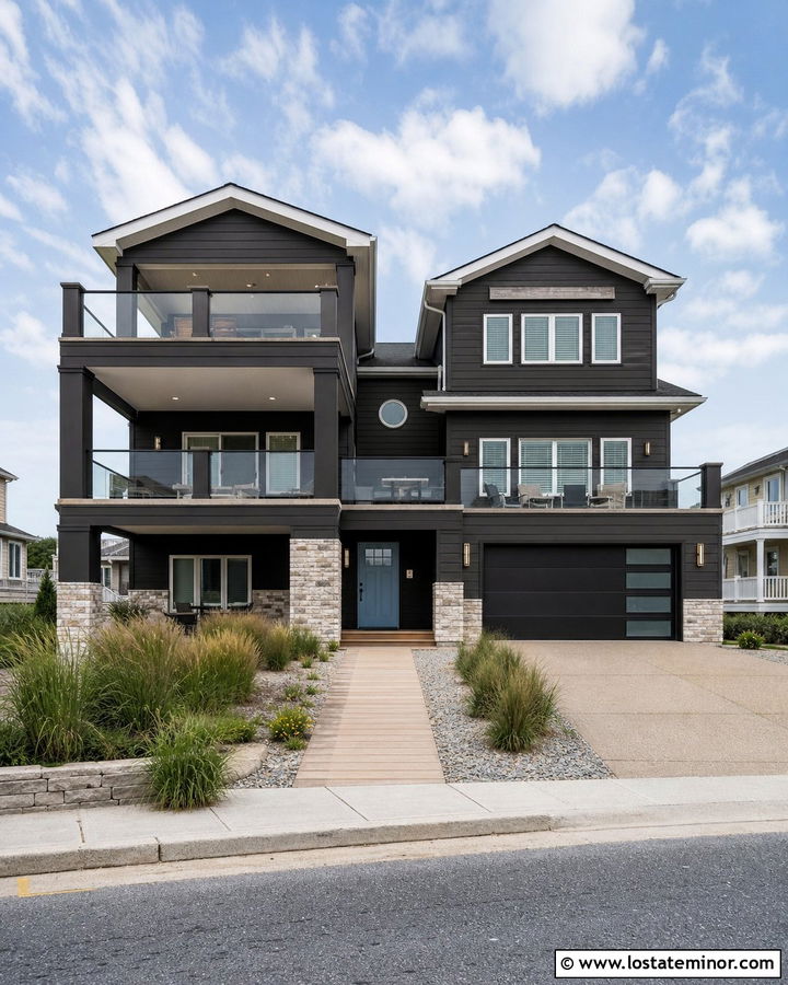 Black Coastal House With Glass Railings - 30 Black House Design With Railings Ideas