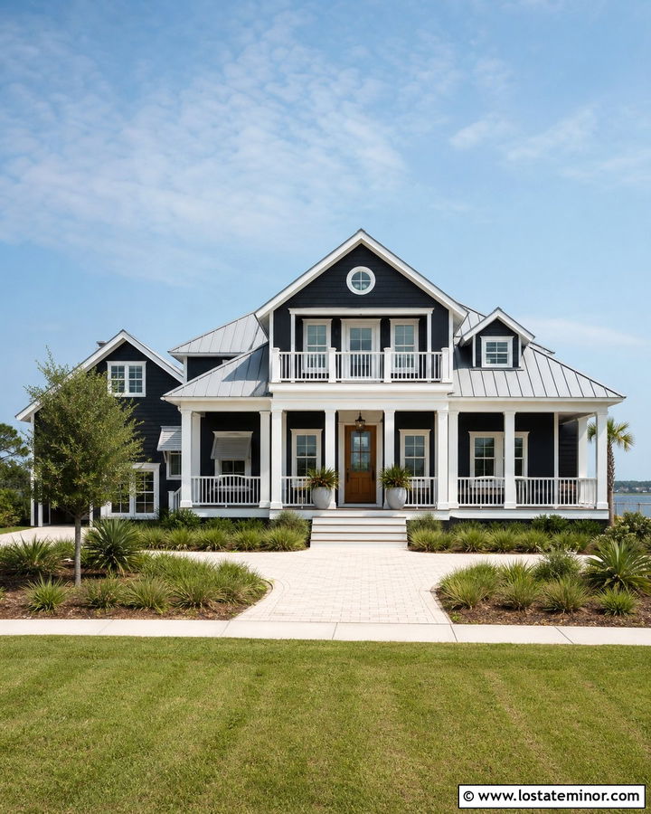Black Coastal House With Light Gray Porch Ceiling - 30 Black House Design With Porch Ceiling Ideas