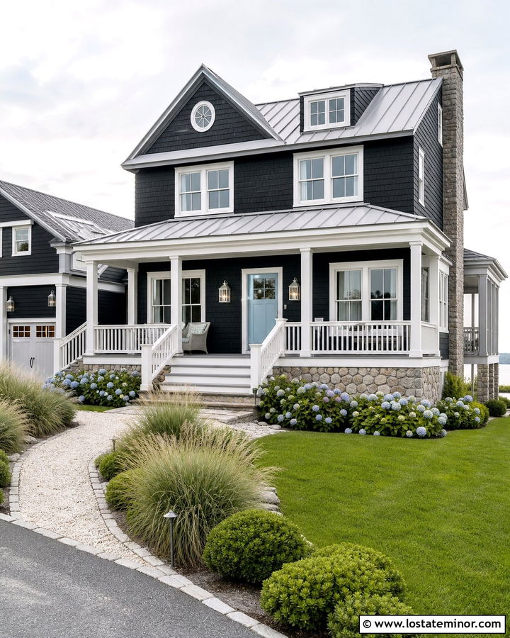 Black Coastal House With Nickel Lanterns - 30 Black House Design With Lighting Ideas