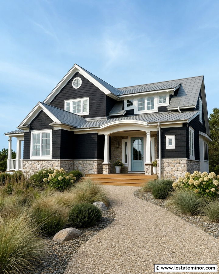 Black Coastal House With Oyster Stone Wainscoting - 30 Black House Design With Wainscoting Ideas