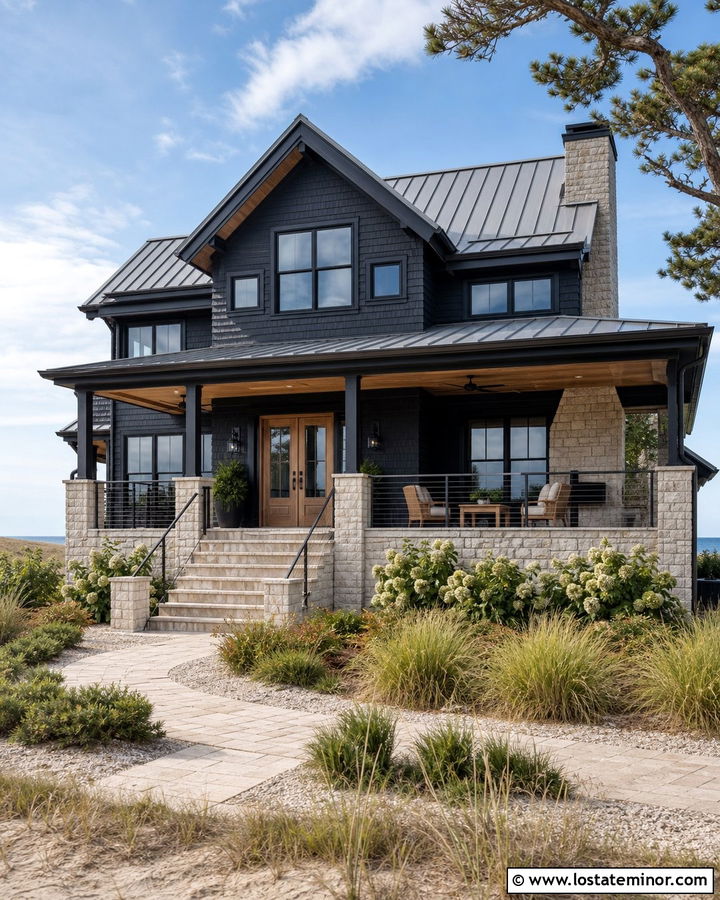 Black Coastal House With Oyster Stone - 30 Black House Design With Stone Accents Ideas