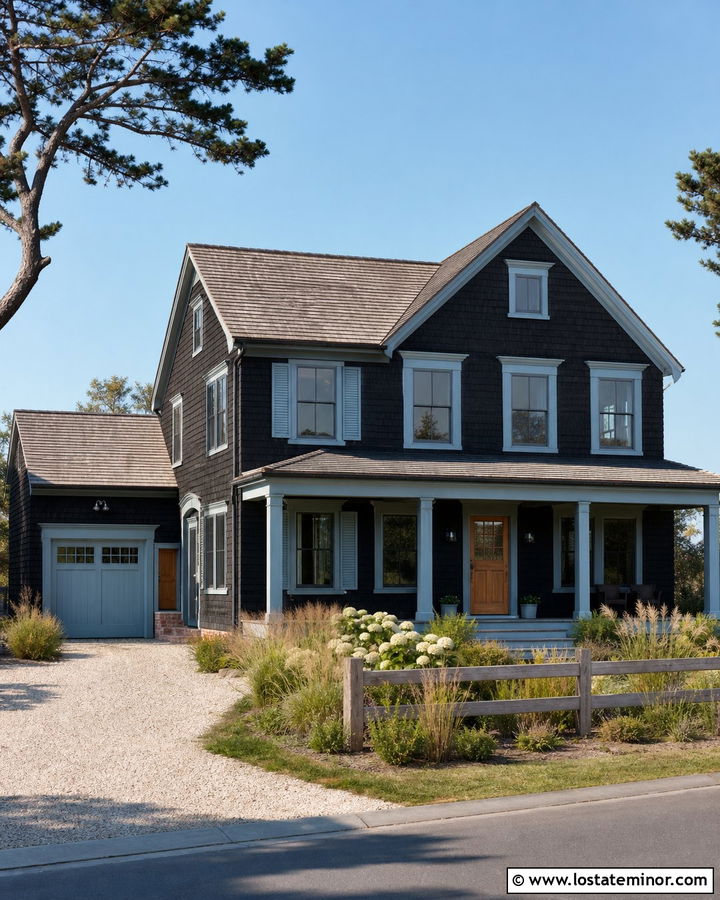 Black Coastal House With Pale Blue Trim - 30 Black House Design With Trim Ideas