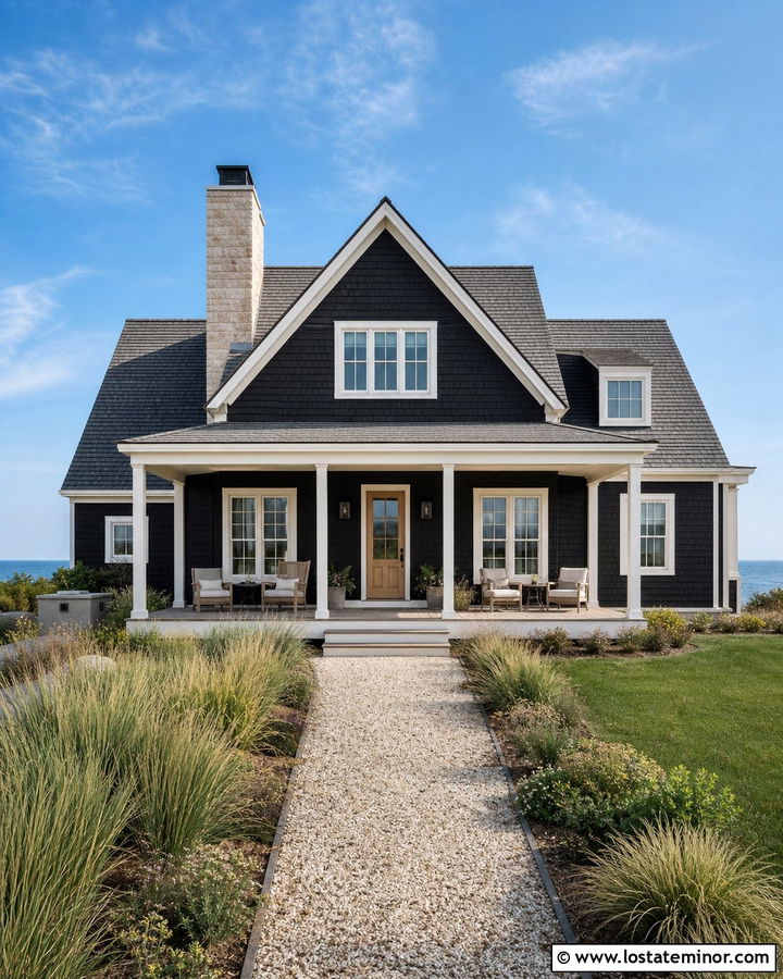 Black Coastal House With Pale Stone Chimney - 30 Black House Design With Chimney Ideas