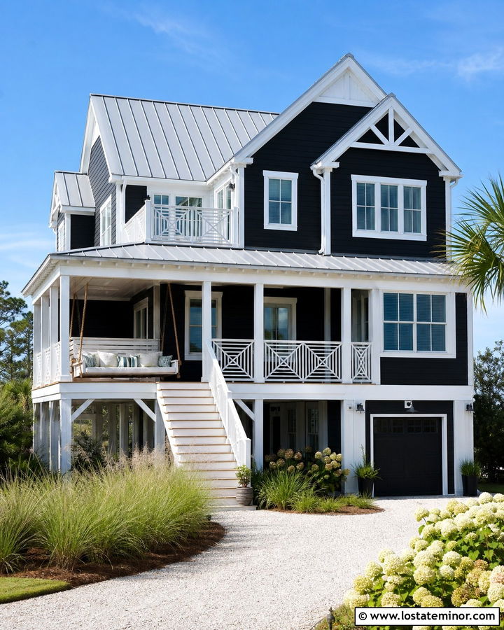 Black Coastal House With Rope Daybed - 30 Black House Design With Daybed Ideas