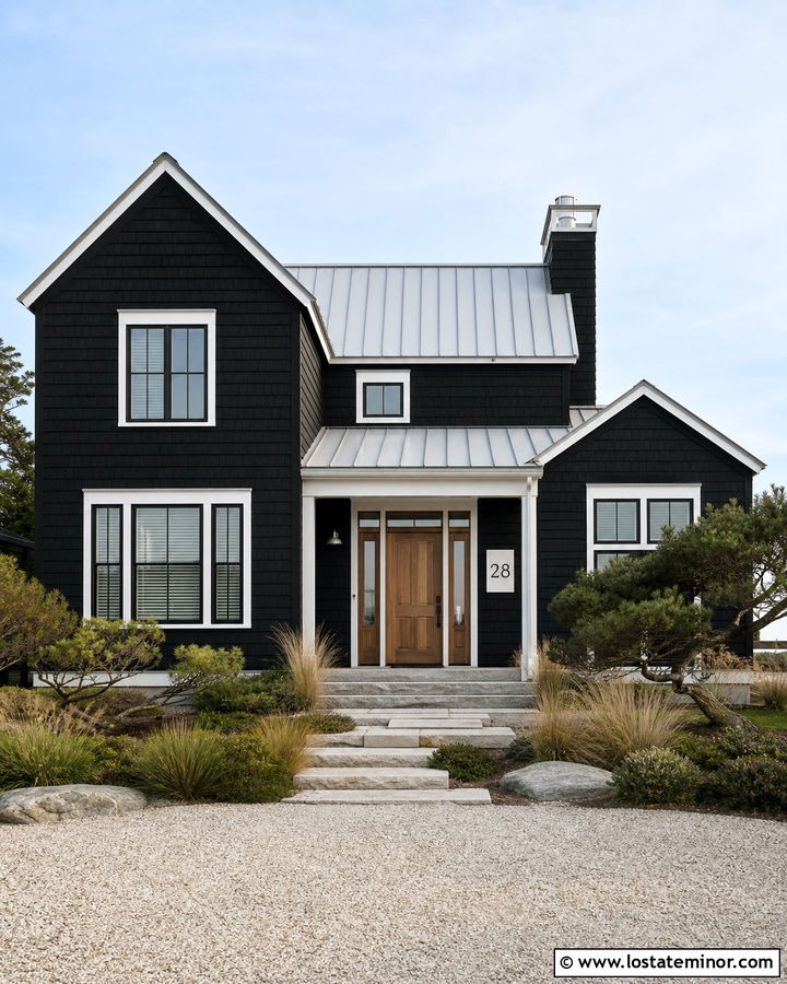 Black Coastal House With White Address Plaque - 30 Black House Design With House Numbers Ideas