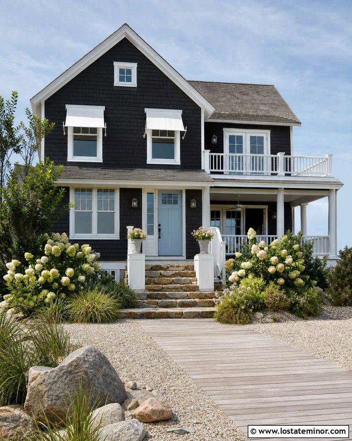 Black Coastal House With White Canvas Awning - 30 Black House Design With Awning Ideas