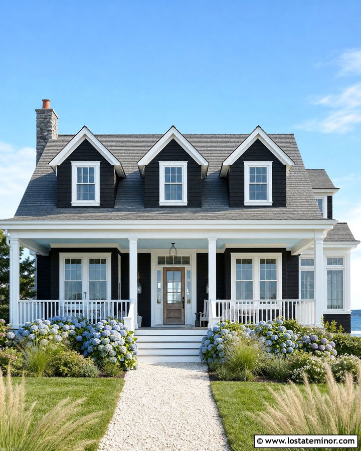 Black Coastal House With White Dormers - 30 Black House Design With Dormers Ideas