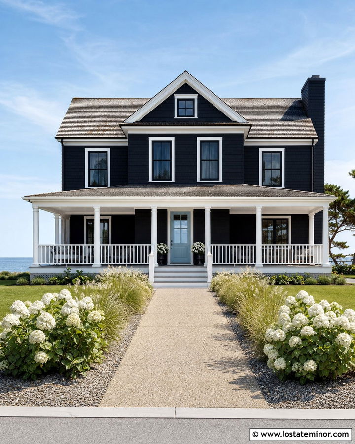Black Coastal House With White Porch Columns - 30 Black House Design With Porch Columns Ideas