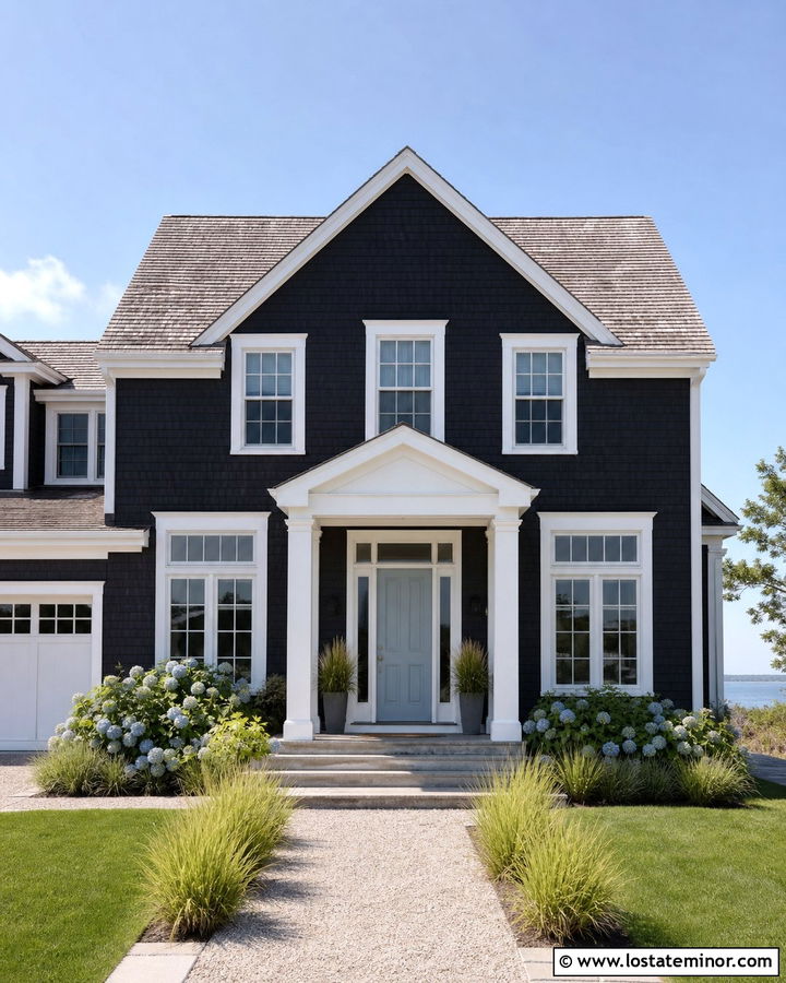 Black Coastal House With White Portico - 30 Black House Design With Portico Ideas