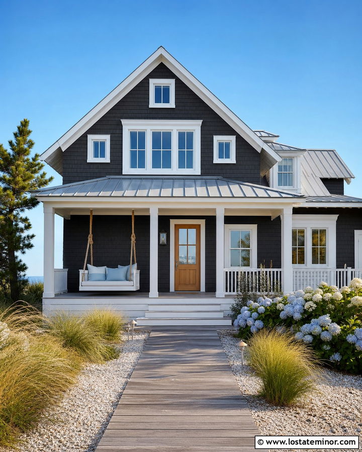 Black Coastal House With White Rope Swing - 30 Black House Design With Swing Ideas
