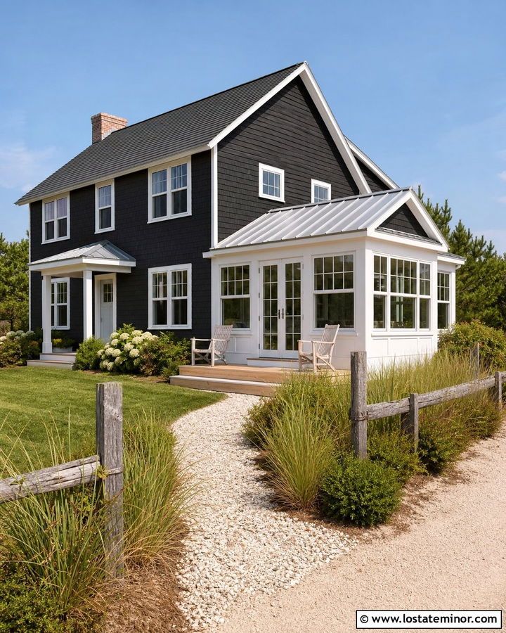 Black Coastal House With White Sunroom - 30 Black House Design With Sunroom Ideas