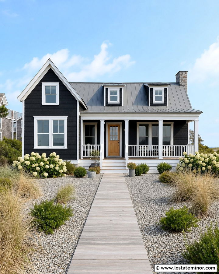 Black Coastal House With White Trim - 30 Black House Design With Siding Ideas
